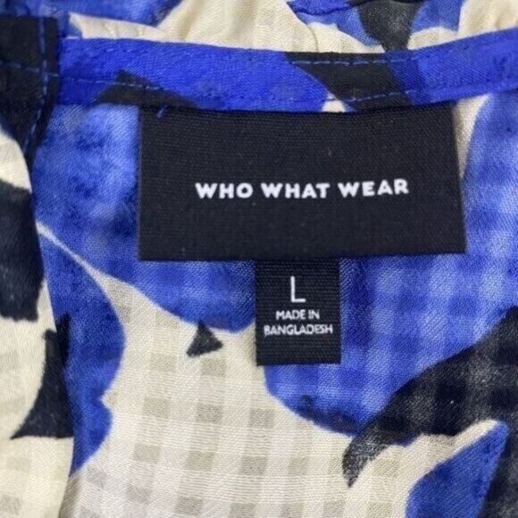 Womens L Ruffle Floral A-Line Blouse Tie Short Sleeve Button Back Who What Wear - Picture 14 of 14